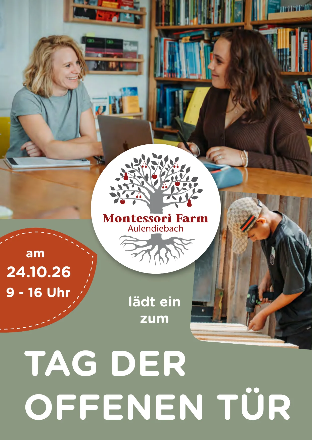 Flyer Vorderseite: Die Montessori Farm Aulendiebach lädt ein zum Tag der offenen Tür am 24.10.26, 9 bis 16 Uhr